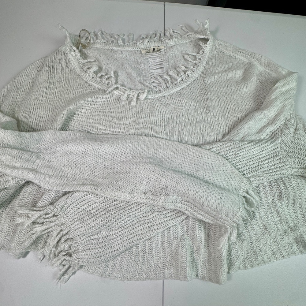 Earthbound Trading Co Distressed Knit Sweater Off White Open Weave Boho Style M